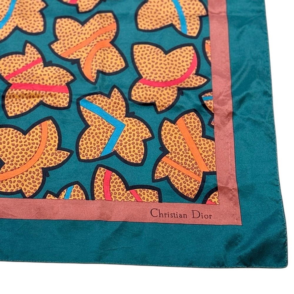 Christian Dior Vintage Abstract Autumn Leaves Silk Scarf in Teal